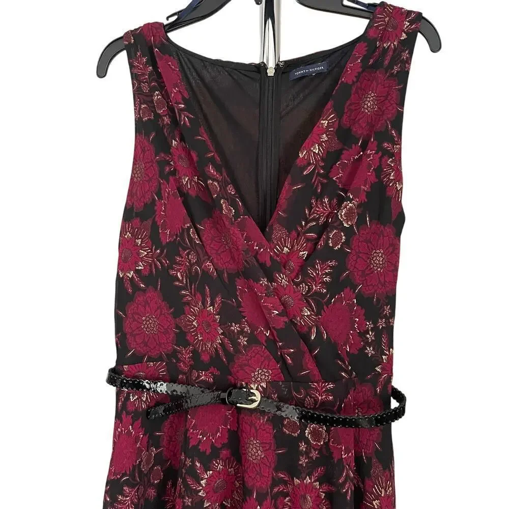 Tommy Hilfiger Women's Burgundy Floral Sleeveless Belted Midi Sheath Dress - Picture 2 of 11